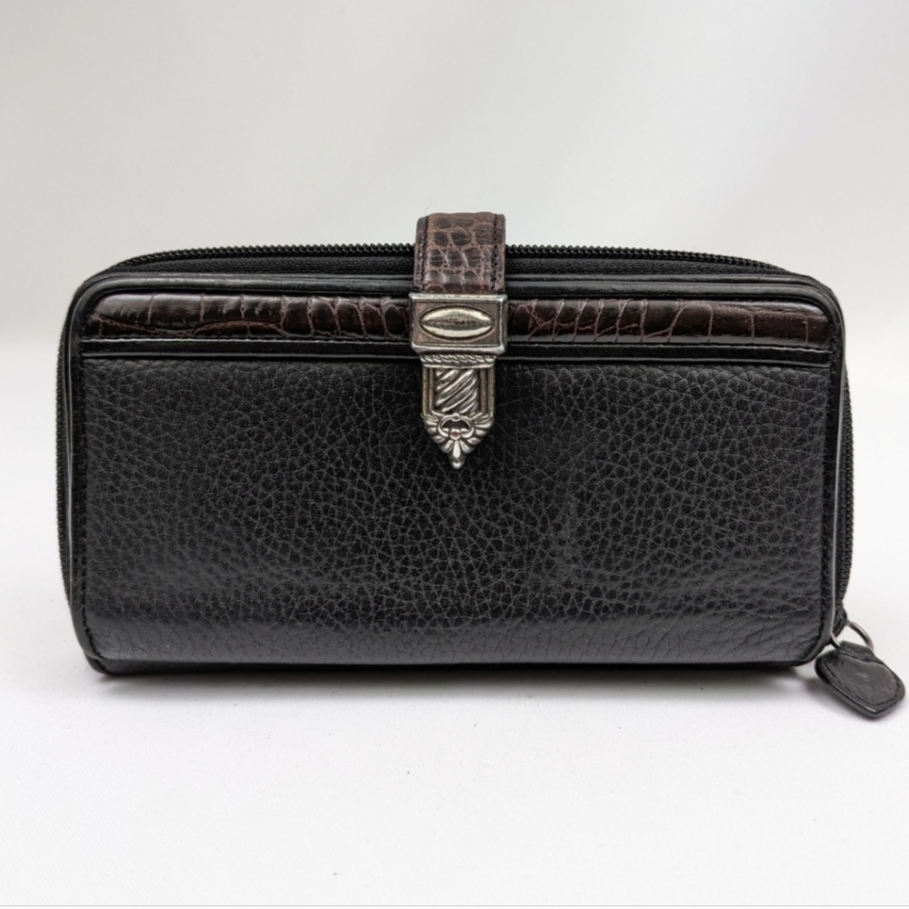 Brighton Wallet Zip Around Billfold Clutch Black Leather Crocodile Trim Vintage